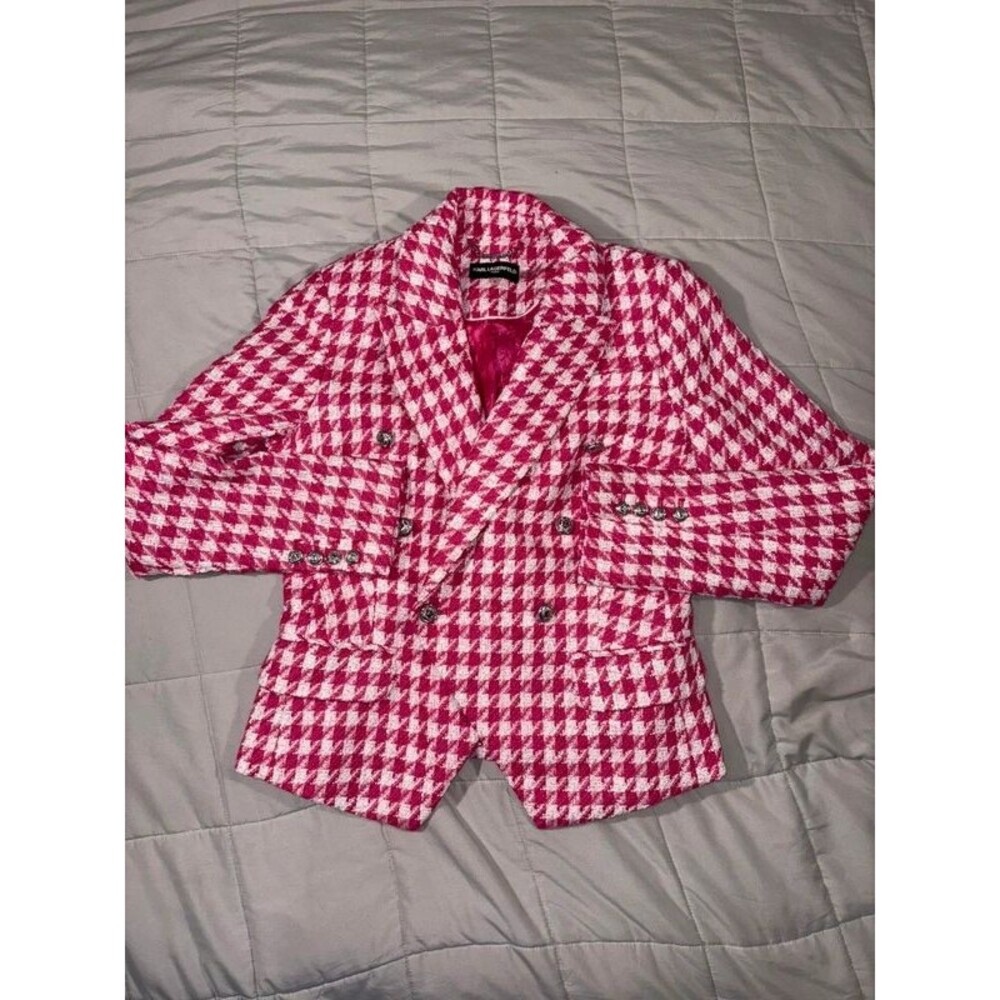 New Karl Lagerfeld Paris Houndstooth Double-breasted Tweed blazer Sz 4